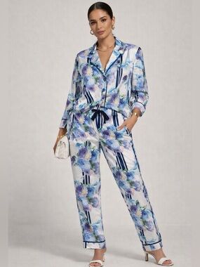 J.Crew Floral Pajama Set | Blue Stripe Satin Lounge Set Size M/8